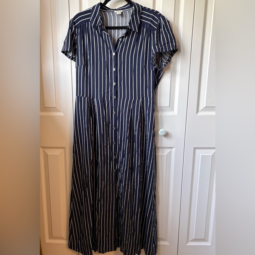 J. Crew Factory Navy and White Striped Maxi Shirt Dress
